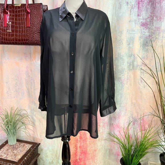 VTG📌 Chiffon Button Down Blouse with Satin Collar & Cuffs - Picture 3 of 16